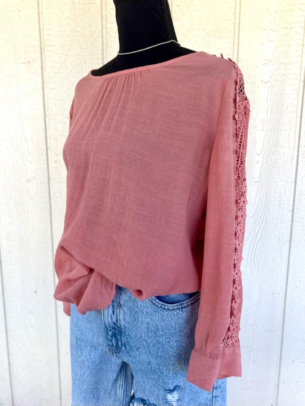 By Design Lace Sleeve Blouse Large Mauve Pink Boho Flowy Top